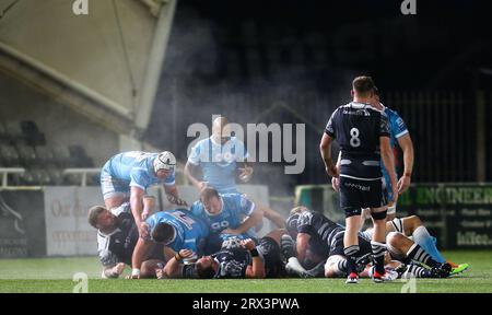 A scrum collapses during the Premiership Cup match between Newcastle Falcons and Sale Sharks at Kingston Park, Newcastle on Friday 22nd September 2023. (Photo: Michael Driver | MI News) Credit: MI News & Sport /Alamy Live News Stock Photo