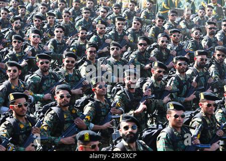 Tehran, Iran. 22nd Sep, 2023. Iranian soldiers march during the annual military parade marking the Iraqi invasion in 1980, which led to an eight-year-long war (Credit Image: © Iranian Presidency via ZUMA Press Wire) EDITORIAL USAGE ONLY! Not for Commercial USAGE! Credit: ZUMA Press, Inc./Alamy Live News Stock Photo