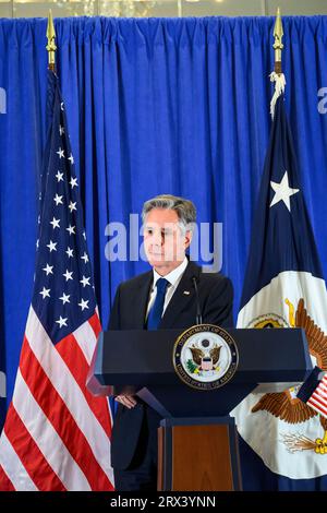 New York, USA. 22nd Sep, 2023. United States Secretary of State Antony Blinken briefs journalists after attending the 78th United Nations General Assembly. Credit: Enrique Shore/Alamy Live News Stock Photo