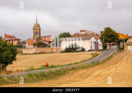 Pilgrims walking the Camino de Santiago pilgrimage route,  the way of St James, approaching the Spanish town of Granon Stock Photo