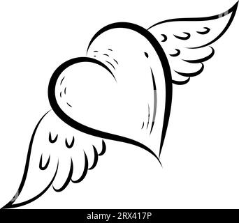 Heart with wings tattoo , illustration, vector on a white background. Stock Vector