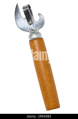 Hand opener for cans, bottles with a wooden handle on a white isolated background Stock Photo