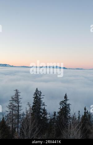 Amazing inversion over the valley with big snowy mountains on backround. Foggy and misty sunrise on hills. Stock Photo