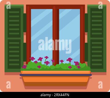 Windows with flowers, illustration, vector on a white background. Stock Vector