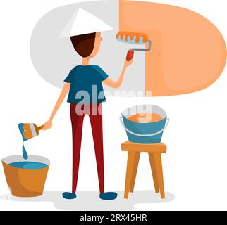 Man painting wall, illustration, vector on a white background. Stock Vector