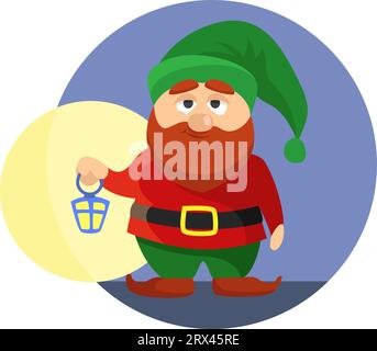 Gnome with lantern, illustration, vector on a white background. Stock Vector