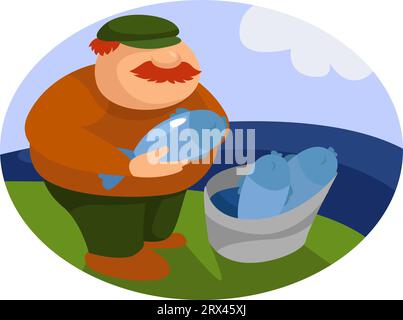 Old fisherman, illustration, vector on a white background. Stock Vector