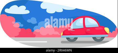 Pink car on the road, illustration, vector on a white background. Stock Vector