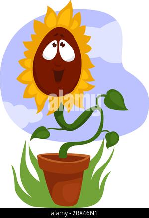 Sunflower in the pot, illustration, vector on a white background. Stock Vector