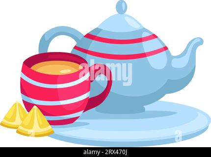 Tea pot with tea cup, illustration, vector on a white background. Stock Vector