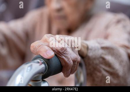 old woman using walker due to disability and illness in her knee Stock Photo