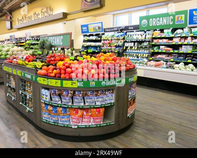 Organic Produce Aisle in American Supermarket Stock Photo