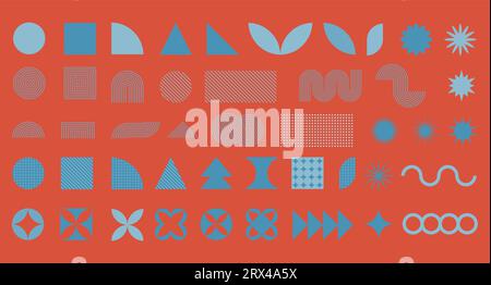 Set with geometric shapes in minimal style, abstract bauhaus forms and brutalism shapes on red. Simple lines, circles, patterns, star and flower shape, trendy modern graphic elements. Vector illustration Stock Vector