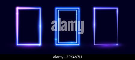 Neon glowing rectangular door set. Blue purple shining rectangle border. Electric light frame collection. Illuminated wide violet design element for banner, poster, collage, cover. Vector illustration Stock Vector