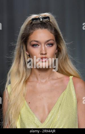 Gigi Hadid walks the runway at the Versace fashion show during the
