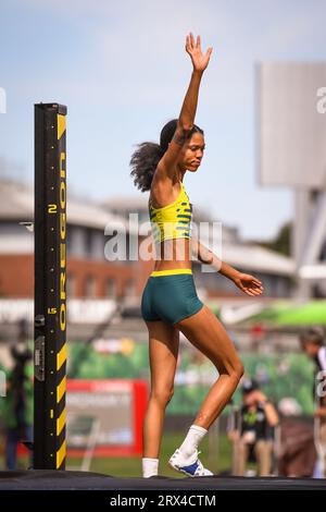 Vashti Cunningham (USA) prepares to jump at a height of 6-2 (1.91 m) in the women’s high jump at the Diamond League Championships at The Pre-Classic o Stock Photo