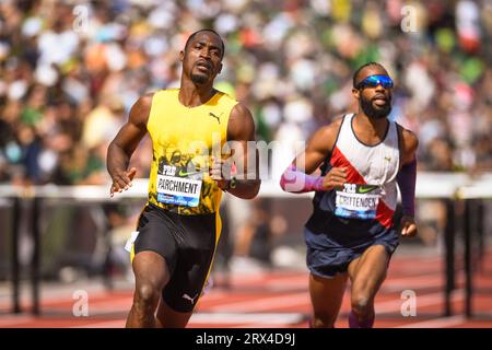 Hansle Parchment (JAM) wins the men’s 110m hurdles in 12.93 at the Diamond League Championships at The Pre-Classic on Sunday September 17, 2023, in Eu Stock Photo