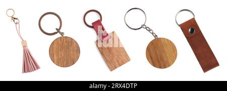 Set of different key chains isolated on white Stock Photo