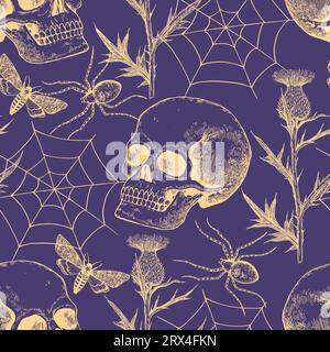 Halloween monochrome seamless pattern with realistic human skull, spider web, moths and flowers. Gothic print in retro engraving style. Stock Vector