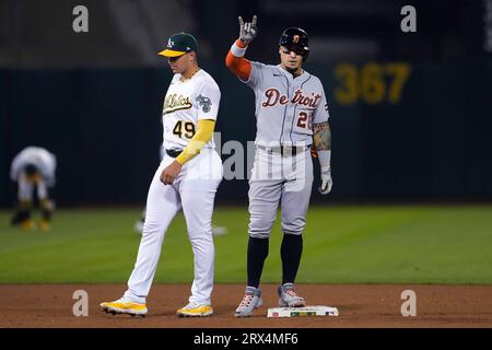 Oakland Athletics' Tyler Wade celebrates after hitting a double against the  Cleveland Guardians during the fourth inning of a baseball game Wednesday,  June 21, 2023, in Cleveland. (AP Photo/David Dermer Stock Photo 