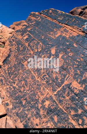 Petroglyphs near Atlatl Rock, Valley of Fire State Park, Nevada Stock Photo