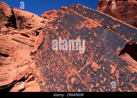 Petroglyphs near Atlatl Rock, Valley of Fire State Park, Nevada Stock Photo