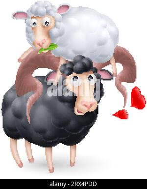 Cute and Funny Two Black and White Sheep Characters in Love. Cartoon Illustration of Pair Lovers Sheeps with Red Hearts on White Background. Perfect T Stock Vector