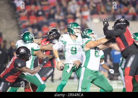 Ottawa, Canada. 22nd Sep, 2023. Saskatchewan Roughriders quarterback Jake Dolegala (9) sets to throw the ball during the CFL game between the Saskatchewan Roughriders and Ottawa Redblacks held at TD Place Stadium in Ottawa, Canada. Daniel Lea/CSM/Alamy Live News Stock Photo