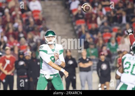 Ottawa, Canada. 22nd Sep, 2023. Saskatchewan Roughriders quarterback Jake Dolegala (9) throws the ball during the CFL game between the Saskatchewan Roughriders and Ottawa Redblacks held at TD Place Stadium in Ottawa, Canada. Daniel Lea/CSM/Alamy Live News Stock Photo