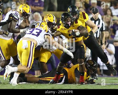 Baton Rouge, USA. 09th Sep, 2023. LSU Tigers linebacker West Weeks (33) tries to tackle Grambling State Tigers running back Floyd Chalk IV (3) during a college football game at Tiger Stadium in Baton Rouge, Louisiana on Saturday, September 9, 2023. (Photo by Peter G. Forest/Sipa USA) Credit: Sipa USA/Alamy Live News Stock Photo