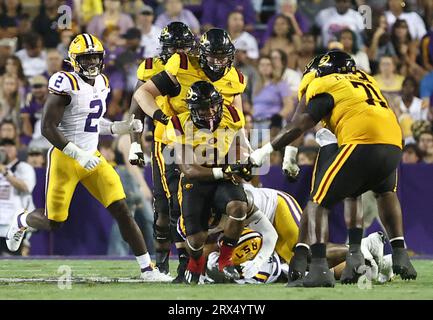 Baton Rouge, USA. 09th Sep, 2023. Grambling State Tigers running back Floyd Chalk IV (3) runs past LSU Tigers linebacker West Weeks (33) during a college football game at Tiger Stadium in Baton Rouge, Louisiana on Saturday, September 9, 2023. (Photo by Peter G. Forest/Sipa USA) Credit: Sipa USA/Alamy Live News Stock Photo