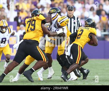 Baton Rouge, USA. 09th Sep, 2023. Grambling State Tigers running back Chance Williams (2) rush for some yardage while offensive lineman Ashanti Cole (79) tries to block LSU Tigers defensive tackle Maason Smith (0) during a college football game at Tiger Stadium in Baton Rouge, Louisiana on Saturday, September 9, 2023. (Photo by Peter G. Forest/Sipa USA) Credit: Sipa USA/Alamy Live News Stock Photo