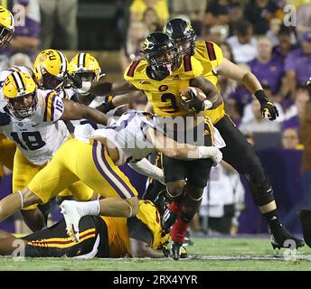 Baton Rouge, USA. 09th Sep, 2023. LSU Tigers linebacker West Weeks (33) tackles Grambling State Tigers running back Floyd Chalk IV (3) during a college football game at Tiger Stadium in Baton Rouge, Louisiana on Saturday, September 9, 2023. (Photo by Peter G. Forest/Sipa USA) Credit: Sipa USA/Alamy Live News Stock Photo