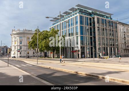 Vienna, Austria - August 15, 2010: Schwarzenbergplatz with the mix of modern and historic architecture Stock Photo