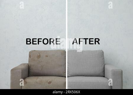 Grey sofa before and after dry-cleaning in room Stock Photo