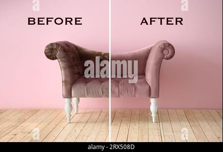 Pink sofa before and after dry-cleaning in room Stock Photo