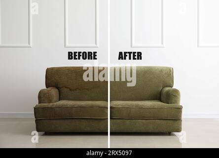 Sofa before and after dry-cleaning in room Stock Photo