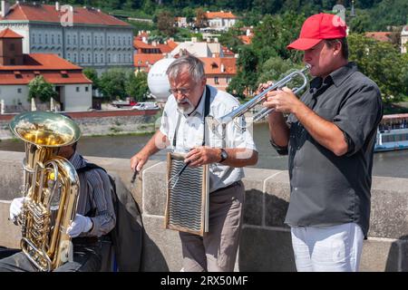 Prague, Czech Republic - August 18, 2010: Musicians from Bridge Band playing on Charles Bridge Stock Photo