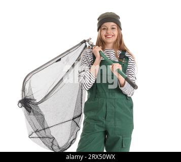 Happy fisherwoman with landing net on white background Stock Photo