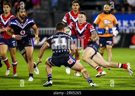 Shaun Kenny-Dowall of the Roosters is challenged by Bodene Thompson of the Warriors in an NRL match between the New Zealand Warriors and Sydney Roosters at Mount Smart Stadium in Auckland, New Zealand Stock Photo