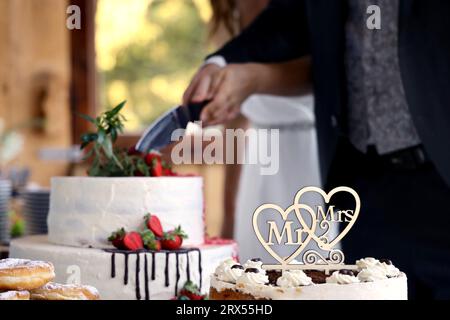 Close up of wooden words Mr. and Mrs. cake topper while bride and groom holding a knife and cutting wedding cake Stock Photo