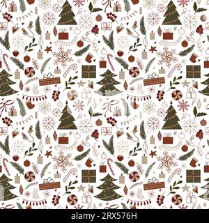 Seamless pattern with christmas elements. festive New Year decor with candle, star, gift box, Christmas tree, toy, holly plants, mistletoe, red Stock Vector