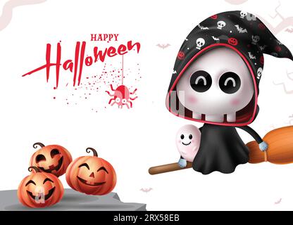 Halloween grim reaper character vector design. Happy halloween greeting text with grim reaper skull flying and pumpkins characters for holiday season Stock Vector