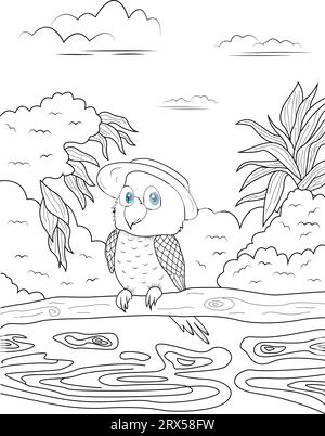 Coloring page, cute and calm parrot sits on the tree branch water river and leafs on background Stock Vector