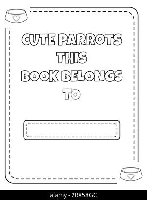 Parrot colouring page 1st page, cute and calm parrot sits on the tree branch and leafs Stock Vector