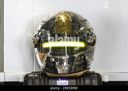 HAMILTON Lewis (gbr), Mercedes AMG F1 Team W14, portrait new helmet, casque, designed by the artist Hajime Sorayama during the 2023 Formula 1 Lenovo Japanese Grand Prix, 16th round of the 2023 Formula One World Championship from September 22 to 24, 2023 on the Suzuka International Racing Course, in Suzuka Stock Photo