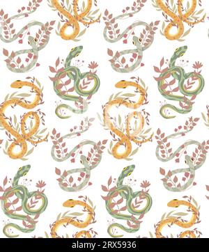 Vector seamless pattern with snakes and stems on a white background. Animalistic texture with curled serpents and herbs on a white background Stock Vector