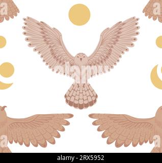 Decorative seamless pattern with flying birds and moon. Vector flat texture owls and eagles with spread wings on white background. Ornithological Stock Vector