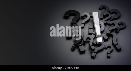Problem, solution, confusion counseling. Pile of black question mark symbols with one white exclamation mark on dark background. Large pile of black q Stock Photo