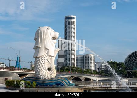 Singapore - 22 October 2022: Merlion Statue at Merlion Park, it is a mythical creature with a lion's head and the body of a fish. It is used as a masc Stock Photo